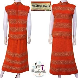 SOLD 2 pc Vtg St John Knits Mod Orange Gold Wiggle Hostess Sweater Skirt Dress